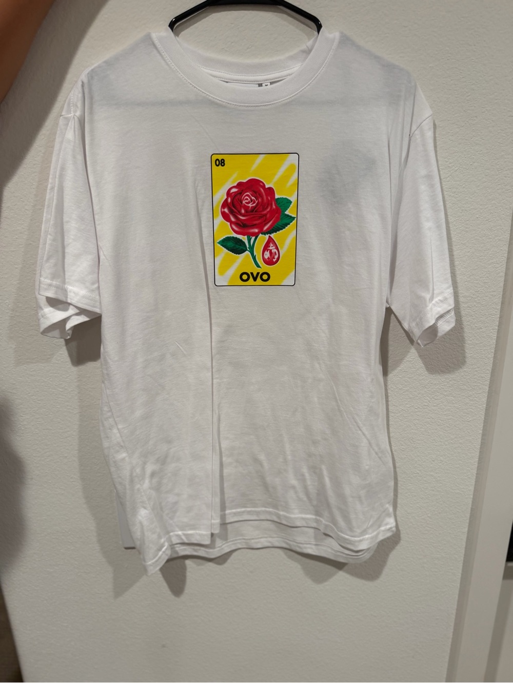 OVO White Tee with Red Rose Graphic on Yellow Panel